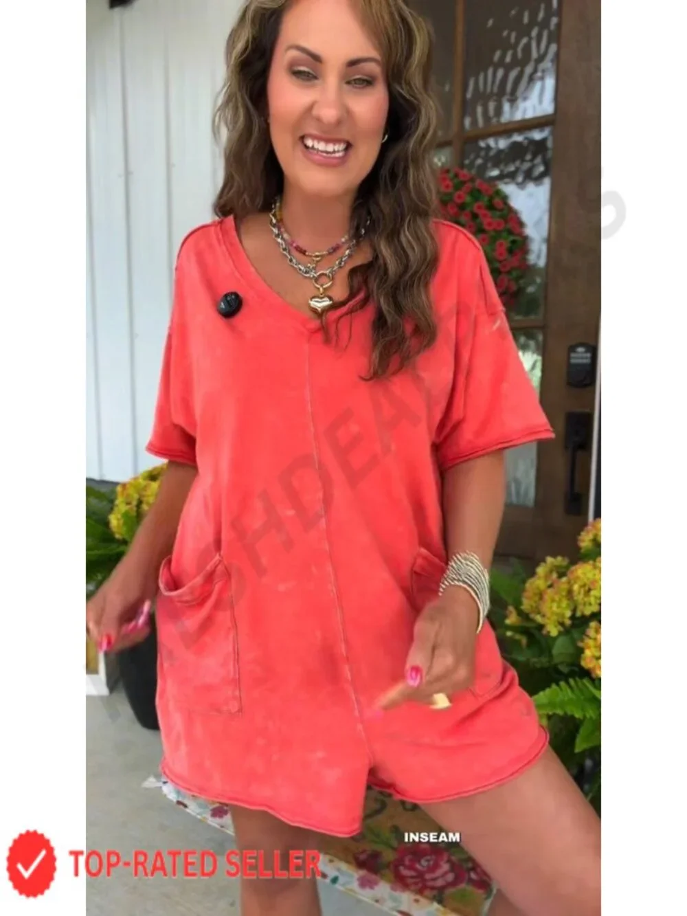 Mineral Washed Cotton V-Neck Romper Jumpsuit with Pockets
